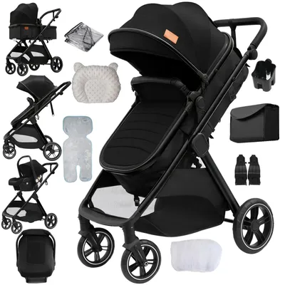 Produktbild von 3-in-1 Kinderwagen - Kombikinderwagen - Für geborene - Faltbar - Wendbarer Sitz - Leinenbezug - Bis 15 kg - Schwarz