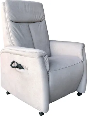 A light gray recliner chair with a lift assist feature.