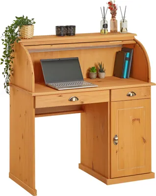 Produktbild von Sekretär TOM mit Rolladen, Gebeizt - Schreibtisch mit Stauraum, 2 Schubladen mit schönen Muschelgriffen, Landhausstil für Wohnzimmer und Büro