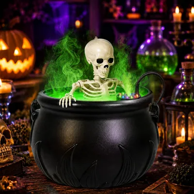 Produktbild von Halloween-Hexenkessel-Set mit Ultraschall-Vernebler – Bewegliche Skelettfigur und RGB-Beleuchtung – Mini-Nebelmaschine