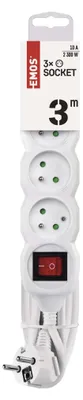 Prodlužovací kabel 3 m / 3 zásuvky / s vypínačem / bílý / PVC / 1 mm2