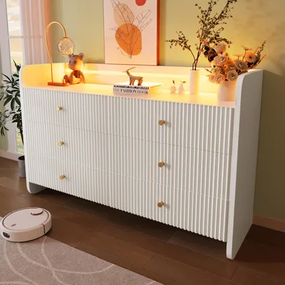 Obrázok produktu pre Príborník Sweiko, komoda s LED osvetlením a 6 zásuvkami, dizajn v tvare vlnovky, moderná skriňa do obývačky a spálne, 120x40x75 cm, biela