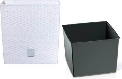 Productafbeelding van KOTARBAU® Vierkante Bloempot met Inzetpot Vierkante Plantenbak 26x26 cm Plantenpot 15,8 L Plantenbak Kunststof Rotanlook Wit