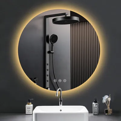 Produktbild von PESENXAN LED-Badspiegel, rund, 80 cm, 3 Lichtfarben, dimmbar, Touch-Schalter, beschlagfrei, Silber