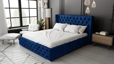 Produktbild von Polsterbett 200x200 cm Rolia - Chesterfield Doppelbett - Bettkasten, Kopfteil, Lattenrost - Samt Blau