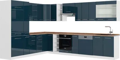 Produktbild von Eckküche Vicco Fame-Line Dunkelblau Hochglanz/Weiß 347 x 257 cm, AP Eiche, Model 49045