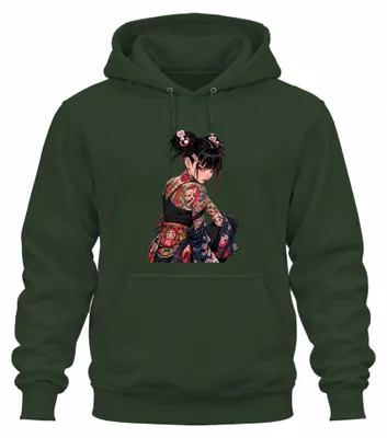 Produktbild von Anime Manga Tattoo Girl Japan Yakuza Oni Y2K Streetwear Hoodie Kapuzenpullover, Flaschengrün, XL