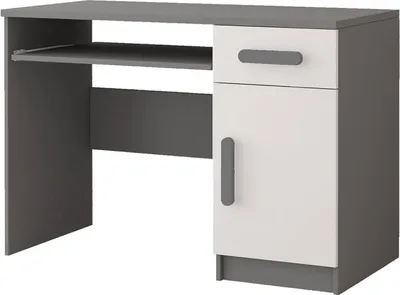 Produktbild von Kinderzimmer-Set Bett Schrank Wandregal Kommode Schreibtisch Nachttisch Grau/Weiß mit grauen Griffen ohne Matratze Jonas IV 02