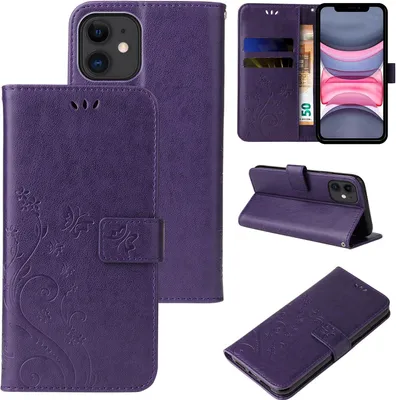 Produktbild von Handyhülle für Apple iPhone 11 Floral Blumen Schmetterling Flip Cover Hülle Case Klapphülle Handytasche Farbe: Violett