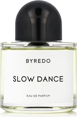 A close-up studio shot of a Byredo Slow Dance Eau de Parfum bottle.