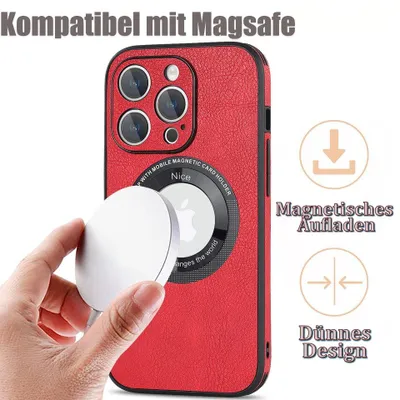 Produktbild von Hülle für iPhone 14 Handyhülle Schutzhülle kompatibel mit Magsafe magnetisch Case Tasche Kunstleder - ROT