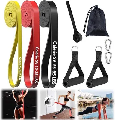 Produktbild von Fitnessbandenset mit 3-teiligen Widerstandsbändern, verschiedene Widerstandskräfte, Trainingsbänder, Griffhüllen, Fußgurte, Sicherheitsnägel, für Krafttraining