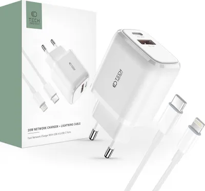 Zdjęcie produktu dla Tech-Protect C20W 2-portowa ładowarka sieciowa Pd20W/Qc3.0 + kabel Lightning biały