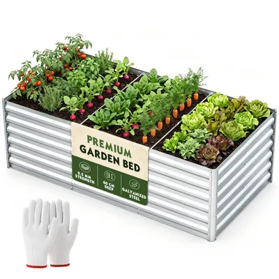 Produktbild von Hochbeet Metall 180 x 90 x 60 cm, Gartenbeet aus 0,5 mm verzinktem Stahl, rechteckiges Pflanzbeet für Gemüse, Kräuter, Blumen und Pflanzen, in Silber