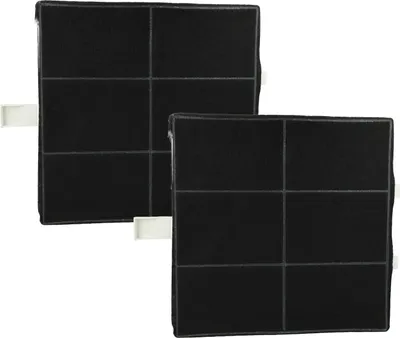 Two black carbon filters with white tabs are shown against a white background.