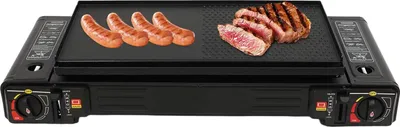Obrázok produktu pre Kempingový plynový varič – 2-horákový – 2x2500 W – bután/skvapalnený plyn (LPG) – piezoelektrické zapaľovanie – vrátane grilovacej panvice 45x24 cm – 63x26x12 cm