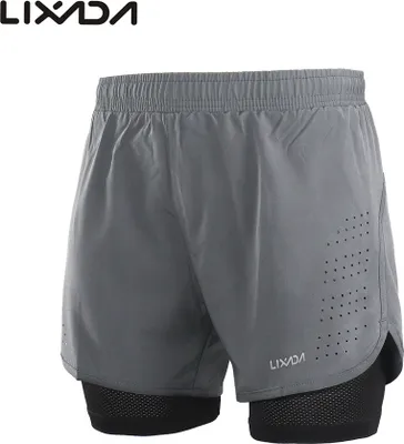 Produktbild von Lixada 2-in-1-Laufshorts fuer Herren, schnell trocknend, atmungsaktiv, aktives Training, Jogging, Radhose mit laengerem Einsatz (Grau L)