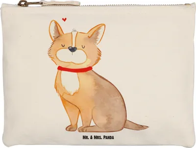 Produktbild von Mr. & Mrs. Panda Mäppchen Hund Glück Größe M - Weiß - Geschenk, Kulturbeutel, Schminktasche, Corgie, Etui, Federmappe, Kosmetiktasche, Kulturtasche, Sprüche, Liebe, Süß