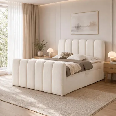 Obrázek produktu pro Postel s pružinovou základnou a čalouněnou konstrukcí, model "Bubble Bouclé" | S úložným prostorem a topperem | Moderní design ložnice | Krémová barva, rozměry 180x200 cm, Obrázek vytvořený pomocí AI