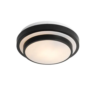 Produktbild von QAZQA - Moderne Bad I Badezimmer Außen Deckenleuchte I Deckenlampe I Lampe I Leuchte schwarz mit weiß 25 cm IP44 - Walden I Außenbeleuchtung - Stahl Rund - LED geeignet E27