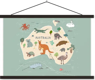 Produktbild von MuchoWow® Textilposter Tiere - Australien - Weltkarte - Kinder - Blau - Kinder 60x40 cm mit schwarzem Rahmen - Hölzernes