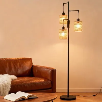 Obrázek produktu pro Stojací lampa v bohémském stylu - stínidlo z ratanu - výška 61,8 cm - 3 žárovky - LED stojací lampa - osvětlení obývacího pokoje