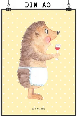 Produktbild von Mr. & Mrs. Panda Bild Igel Wein DIN A0 - Gelb Pastell - Geschenk, Rotwein, drucke, Weinglas, Weinliebhaber, Lustige Sprüche, kunstdruck poster, Weißwein, Deko, Spruch