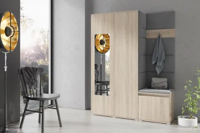 Produktbild von Garderoben-Set "Harry", Moderner Kleiderschrank mit Polsterplatten und Schuhschrank – Ideal für Flur und Eingangsbereich (Sonoma Eiche, Trinity 15)