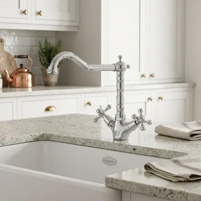Imagen del producto de Grifo de cocina cromado con caño angular, modelo Heritage Ascot CR-4002-HA, marca Aquanello