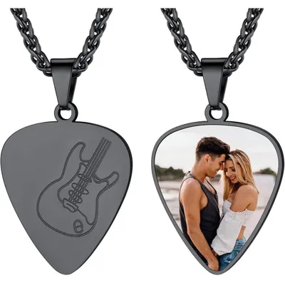 Productafbeelding van Personaliseerbare halsketting met een e-gitaarplectrum, voor dames en heren, gemaakt van 316L roestvrij staal, zwart