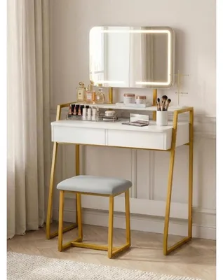 Image de Table de maquillage avec tabouret, blanche et dorée, miroir LED avec 3 couleurs de lumière, 2 tiroirs, dimensions : 84 x 43 x 142 cm