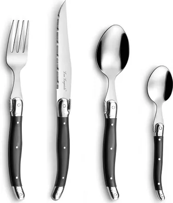 A set of four cutlery pieces, including a fork, knife, large spoon, and small spoon, arranged in a line against a white background.