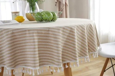 Obrázek produktu pro Ubrus ve stylu boho s bavlněným vzhledem, omyvatelný, kulatý, do kuchyně a na venkovní použití, béžový, 150 cm