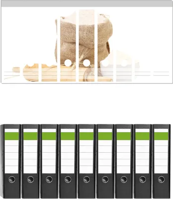 Produktbild von Wallario 9 Stück breite Ordner inkl. Klebeetiketten mit Motive Backen-Ensemble mit Nudelholz, Mehl-Sack, Ähren und Zucker -  Set mit Rückenschildern / Ordnerrücken Stickern