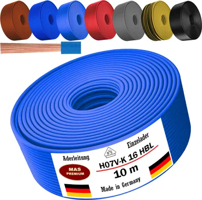 Image de Câble d'alimentation de 10 mètres, type H07 V-K, HBL, 1 x 16 mm², de couleur bleu clair, monoconducteur, flexible
