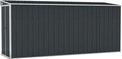 A dark gray metal shed with silver trim, shown from the front.