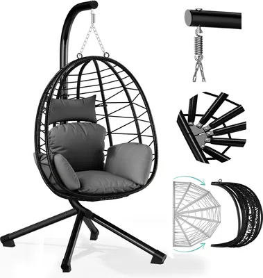 Produktbild von HOMELUX Hängesessel mit Gestell, Hängematte, Hängeschaukel, Hängestuhl mit Kissen, Schaukel Outdoor&Indoor,Polyrattan Korbhängesessel- bis 150 kg