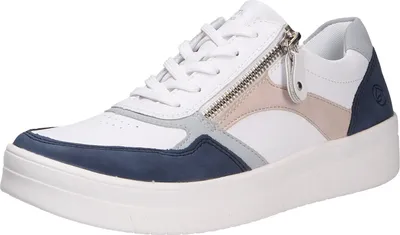 A single white sneaker with blue and pink accents is shown against a white background.