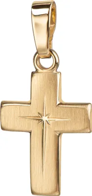 Produktbild von Kreuz-Anhänger für Damen, Herren und Kinder mattiertes Kreuz mit strahlenförmiger Kreuz-Gravur als Kettenanhänger 925 Silber vergoldet + Schmuck-Etui