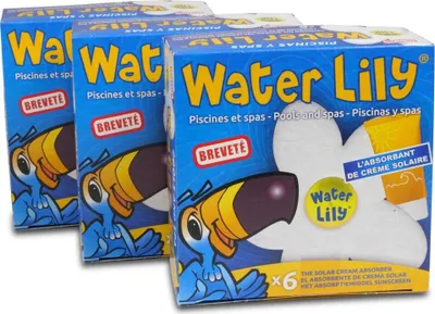 Three boxes of Water Lily product for pools and spas.