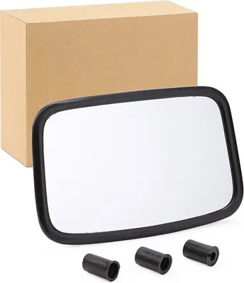A product shot of a rectangular mirror with a black frame, placed in front of a cardboard box. Three black cylindrical accessories are positioned in the foreground.