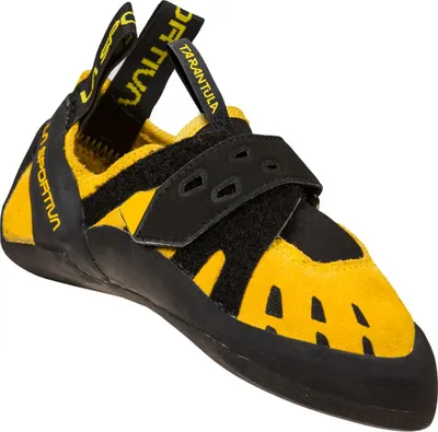 Kletterschuh "Tarantula JR" von La Sportiva in Gelb und Schwarz; mit Klettverschluss und rutschfester Sohle.