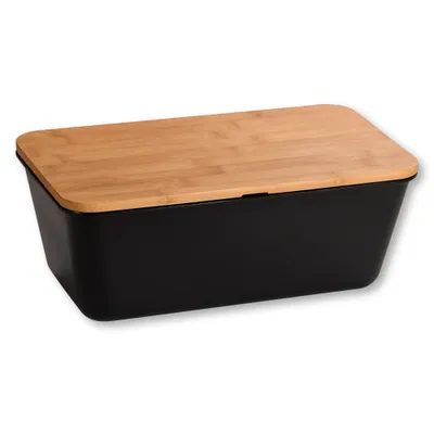 Produktbild von KESPER Brotbox Brotkasten schwarz – Kunststoff PP & -Bambusdeckel – 35x20x13,5cm – spülmaschinengeeignet – Deckel als Schneidebrett – 58498