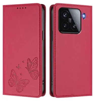 Produktbild von Lederhülle für Xiaomi 15, Schmetterling Prägung Leder Brieftasche Schutzhülle mit Ständer Rot