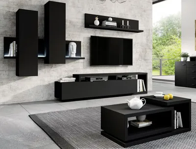 Produktbild von Wohnzimmer-Set 4-tlg Anbauwand Couchtisch Modern Grifflos Schwarz Matt 79863182