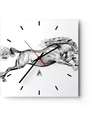 Produktbild von Wanduhr - Quadrat - Glasuhr - Pferd Zeichnung Bleistift - 30x30cm - Schleichendes Uhrwerk - Lautlos - zum Aufhängen bereit - Dekoration Modern - Wanddekoration aus Glas - C3AC30x30-4906