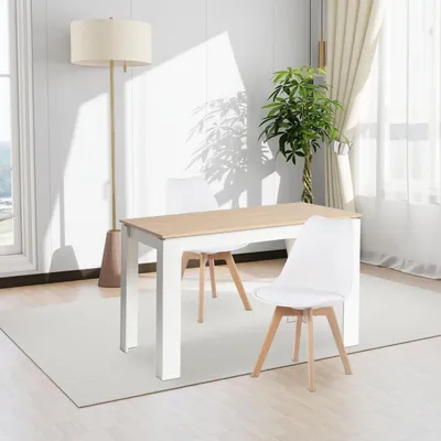 Image de Ensemble repas pour 2 personnes, comprenant une table rectangulaire de 120 cm et 2 chaises, en chêne et blanc