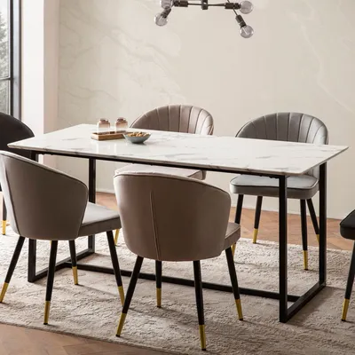 Image de WOHNLING Table de salle à manger 160x80x76 cm Table de cuisine blanche aspect marbre Table de salle à manger moderne Grande table rectangulaire Table de salle à manger avec pieds métalliques