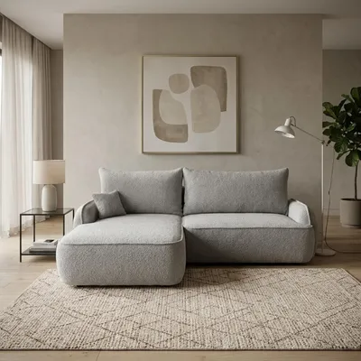 Produktbild von Modernes Bouclé-Ecksofa OVELLA mit Schlaffunktion, Bettkasten und DL-Automat – trendige L-Form Schlafcouch mit Paspelierung, Hellgrau Links