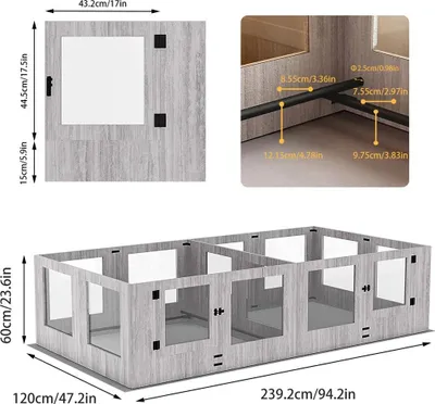 Immagine prodotto di Recinto per cuccioli in vetro di sicurezza - Cuccia/recinto per cani - 14 pannelli, listello di protezione, elementi rimovibili, 239,2 x 120 x 60 cm - Trasparente e grigio chiaro